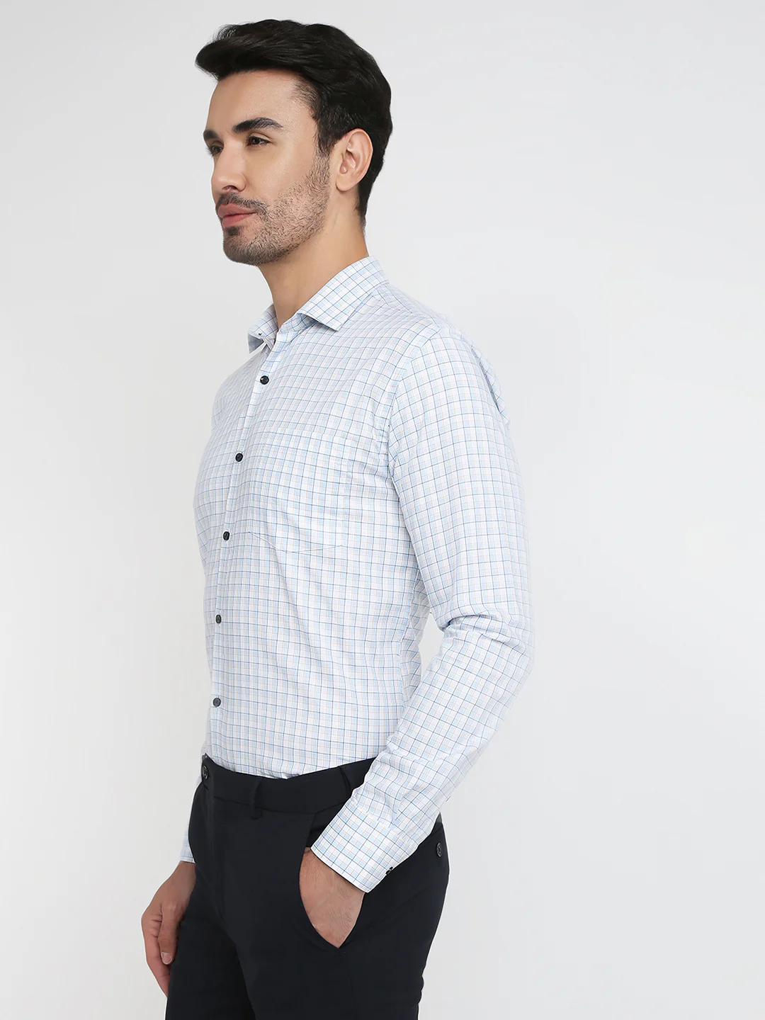 Park Avenue Men Blue Checks Slim Fit Cotton Formal Shirt - Image 2