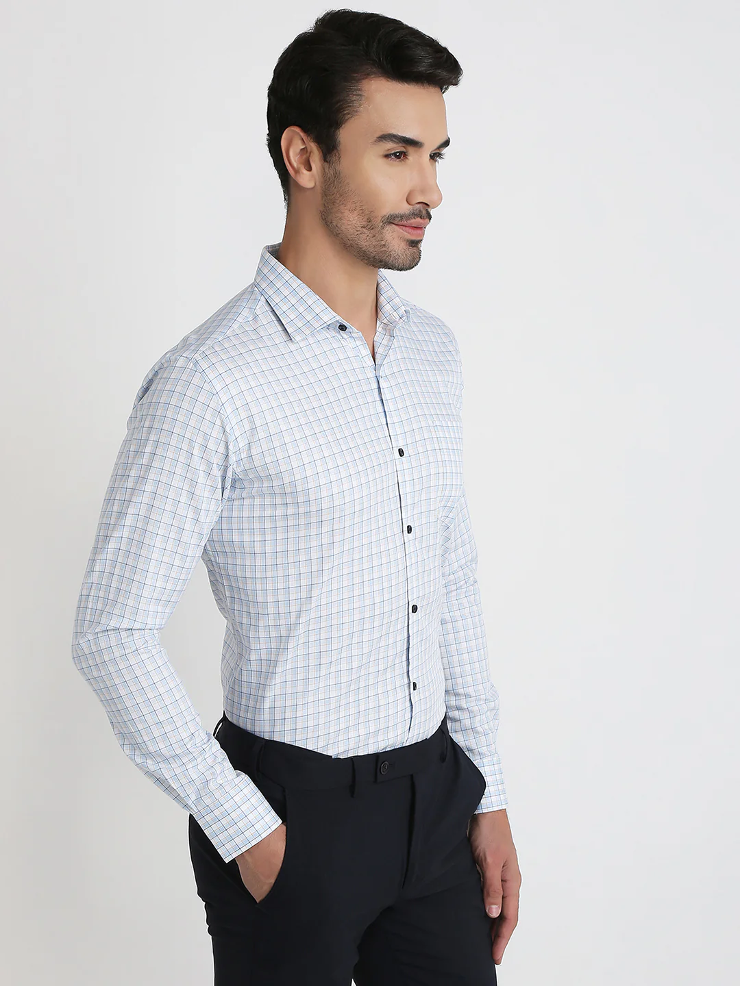 Park Avenue Men Blue Checks Slim Fit Cotton Formal Shirt - Image 3