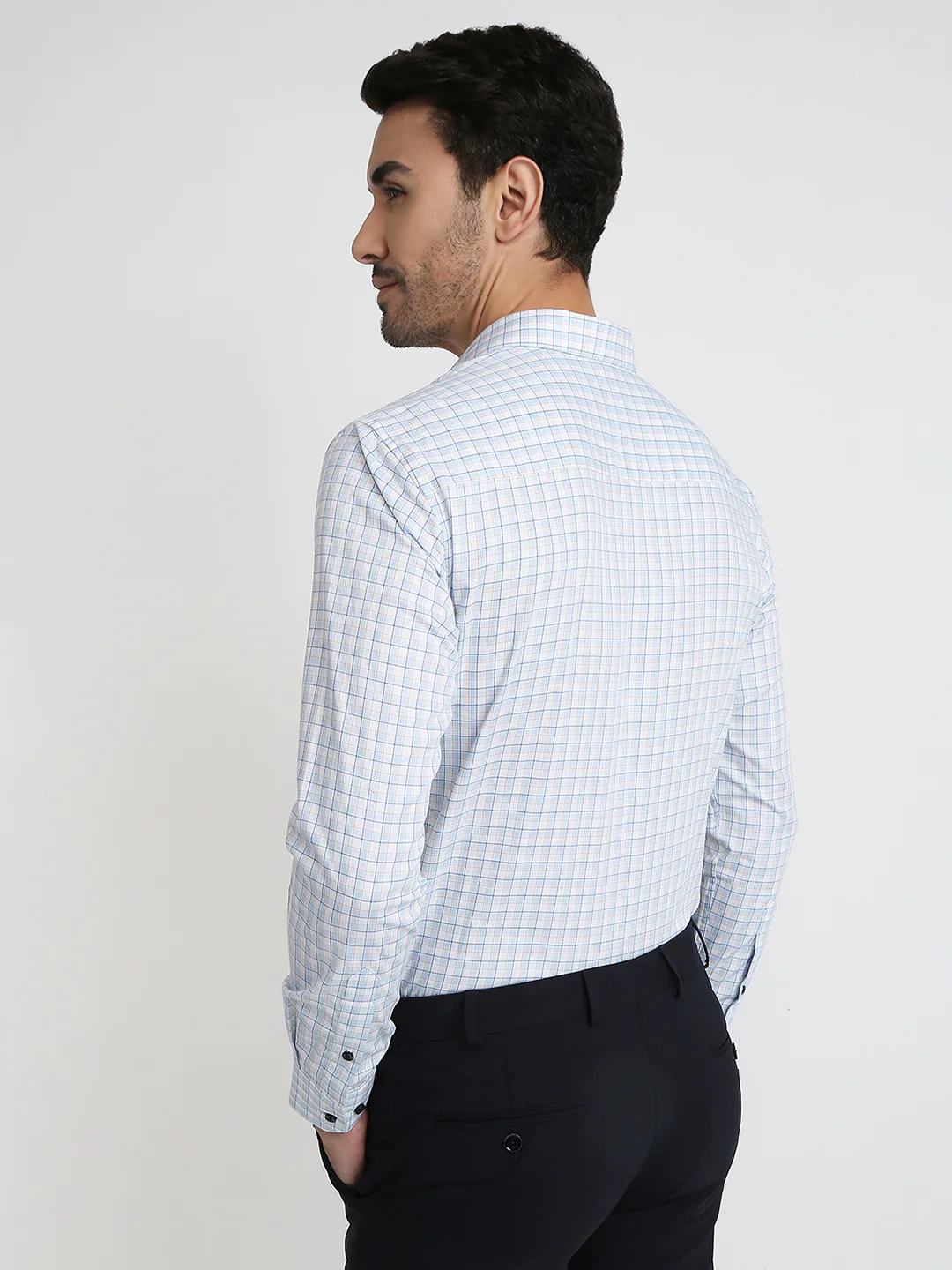 Park Avenue Men Blue Checks Slim Fit Cotton Formal Shirt - Image 4