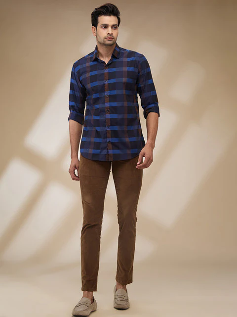 Park Avenue Men Blue Checks Slim Fit Cotton Shirt - Image 2
