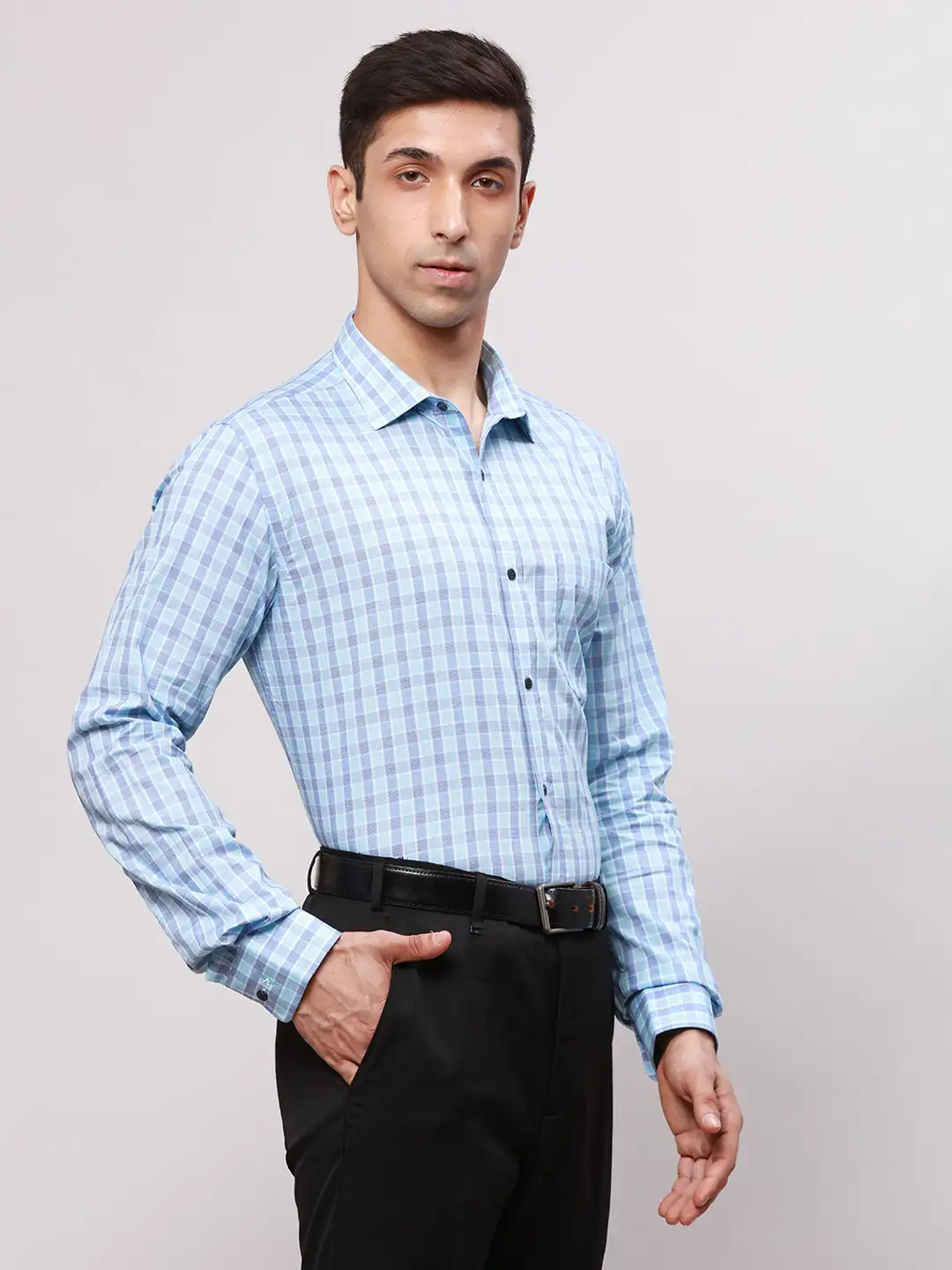 Park Avenue Men Blue Checks Slim Fit Cotton Shirt - Image 2
