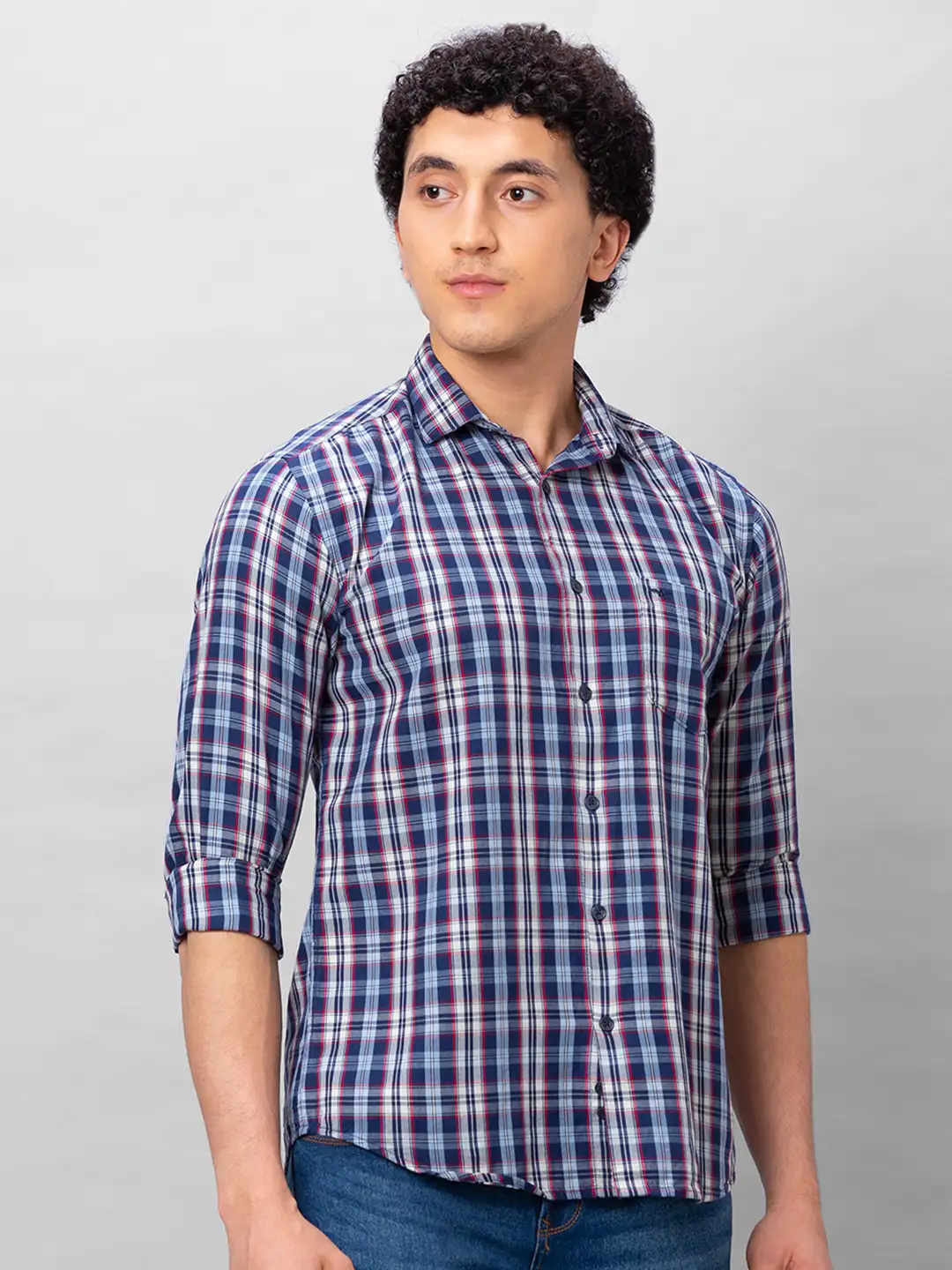 Park Avenue Men Blue Checks Slim Fit Cotton Shirts - Image 2