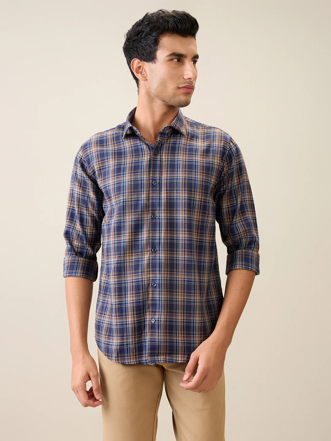 Park Avenue Men Blue Checks Slim Fit Polyester Blend Casual Shirt - Image 13