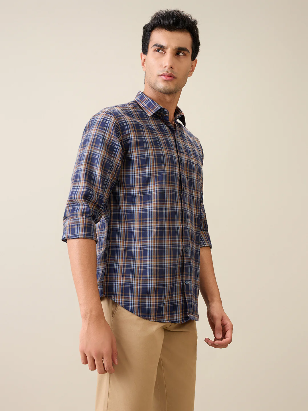 Park Avenue Men Blue Checks Slim Fit Polyester Blend Casual Shirt - Image 6