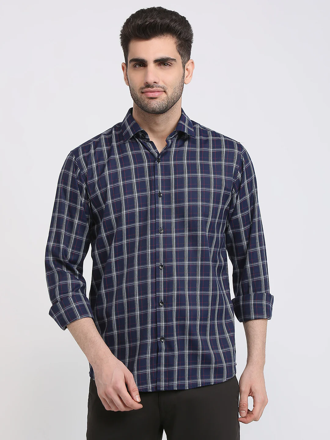 Park Avenue Men Blue Checks Slim Fit Polyester Blend Casual Shirt