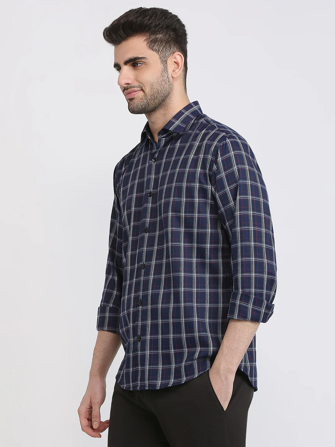 Park Avenue Men Blue Checks Slim Fit Polyester Blend Casual Shirt - Image 4