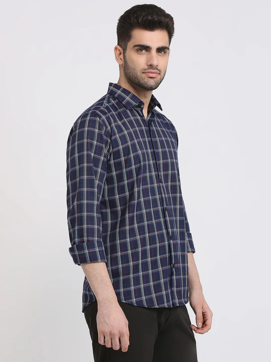 Park Avenue Men Blue Checks Slim Fit Polyester Blend Casual Shirt - Image 5