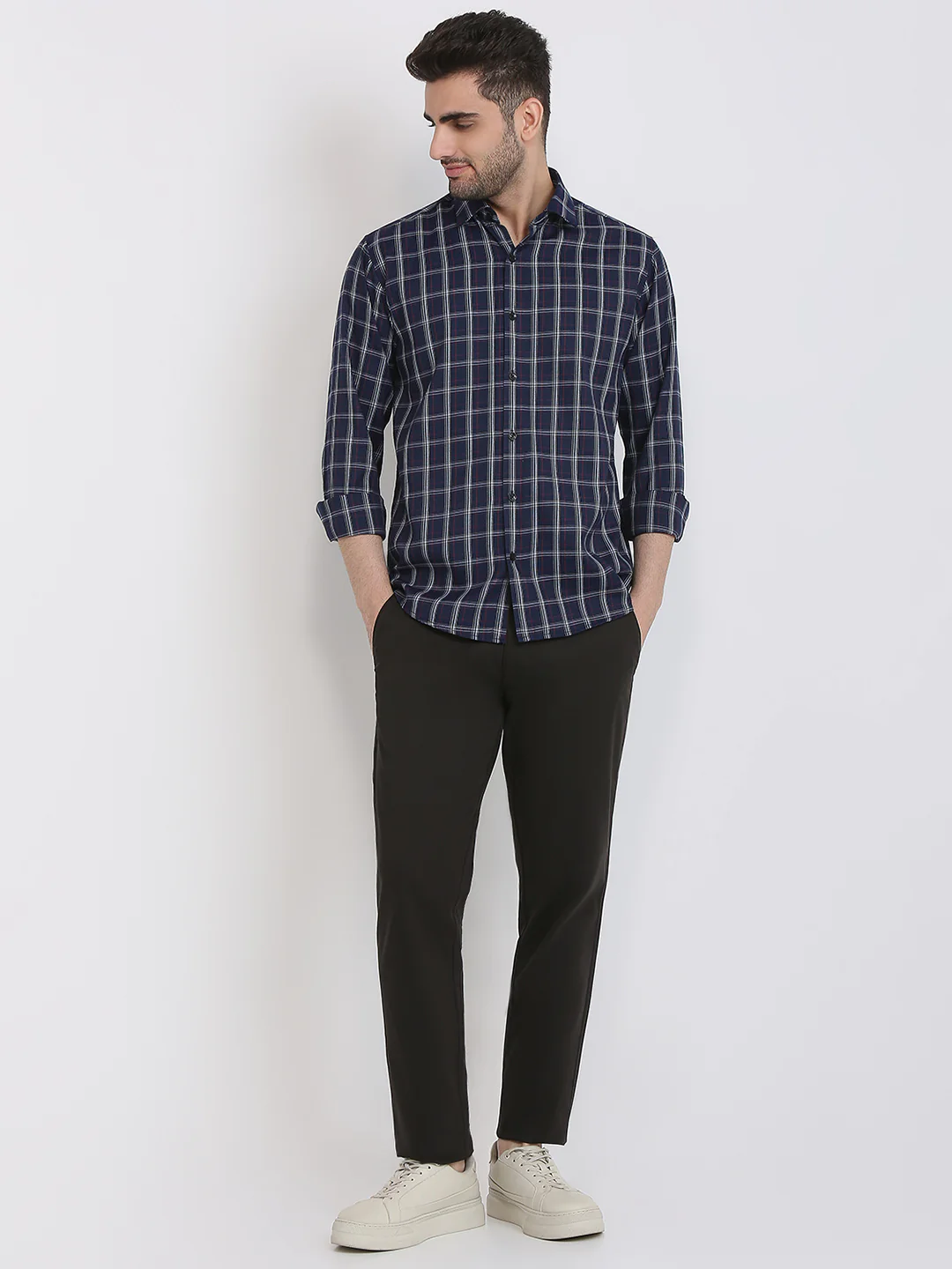 Park Avenue Men Blue Checks Slim Fit Polyester Blend Casual Shirt - Image 9
