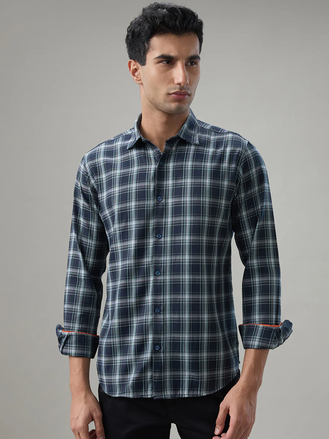 Park Avenue Men Blue Checks Slim Fit Polyester Blend Casual Shirt
