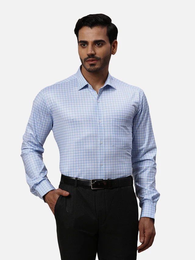 Park Avenue Men Blue Checks Slim Fit Polyester Blend Formal Shirt