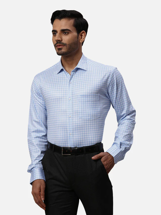 Park Avenue Men Blue Checks Slim Fit Polyester Blend Formal Shirt - Image 3