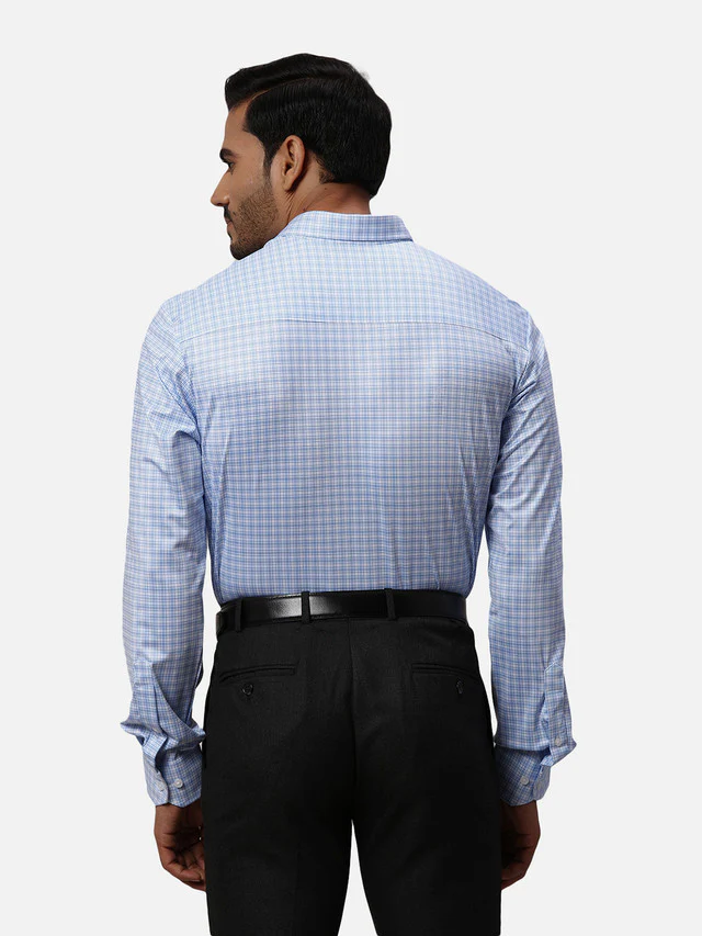 Park Avenue Men Blue Checks Slim Fit Polyester Blend Formal Shirt - Image 4