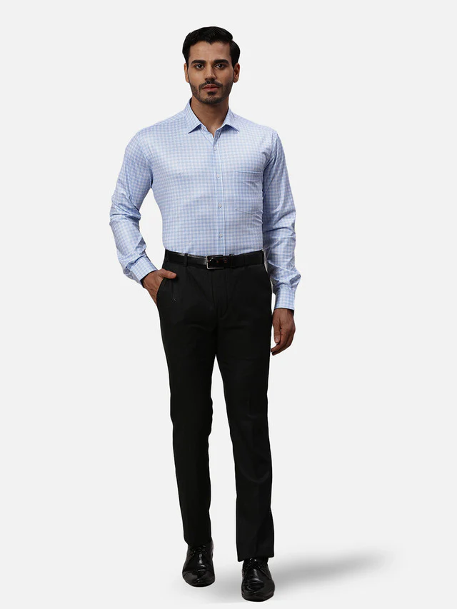 Park Avenue Men Blue Checks Slim Fit Polyester Blend Formal Shirt - Image 5
