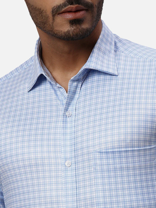 Park Avenue Men Blue Checks Slim Fit Polyester Blend Formal Shirt - Image 6