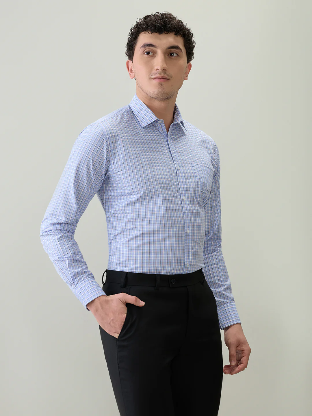 Park Avenue Men Blue Checks Slim Fit Polyester Blend Shirt - Image 3