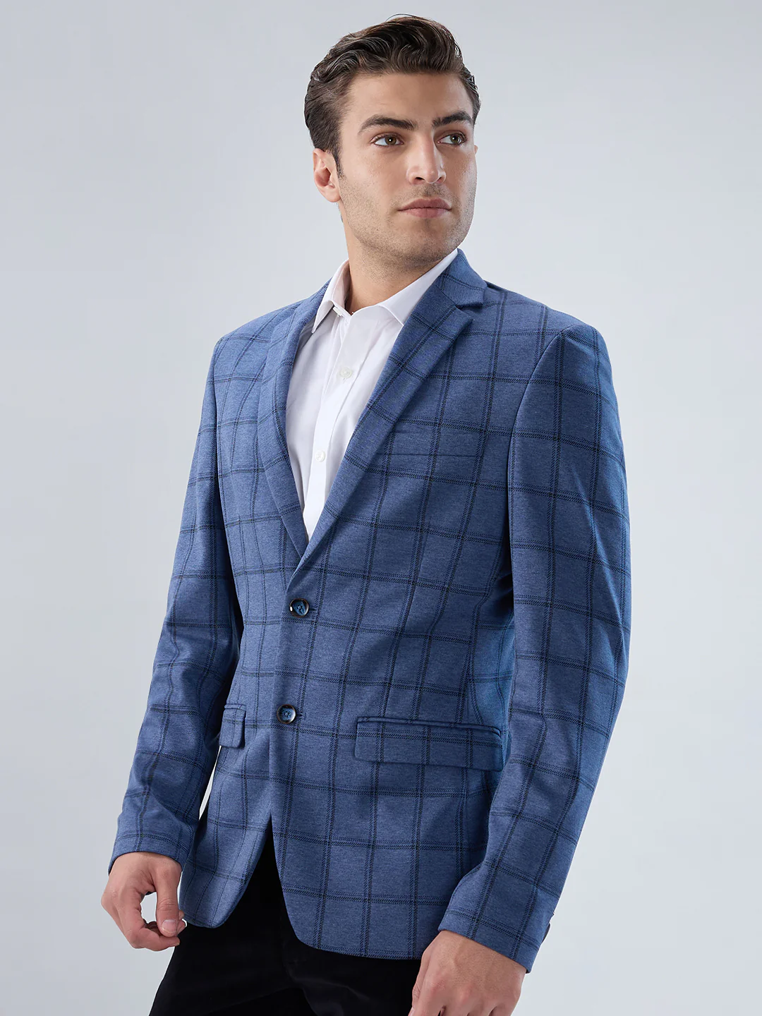 Park Avenue Men Blue Checks Super Slim Fit Terylene Blend Blazer - Image 3