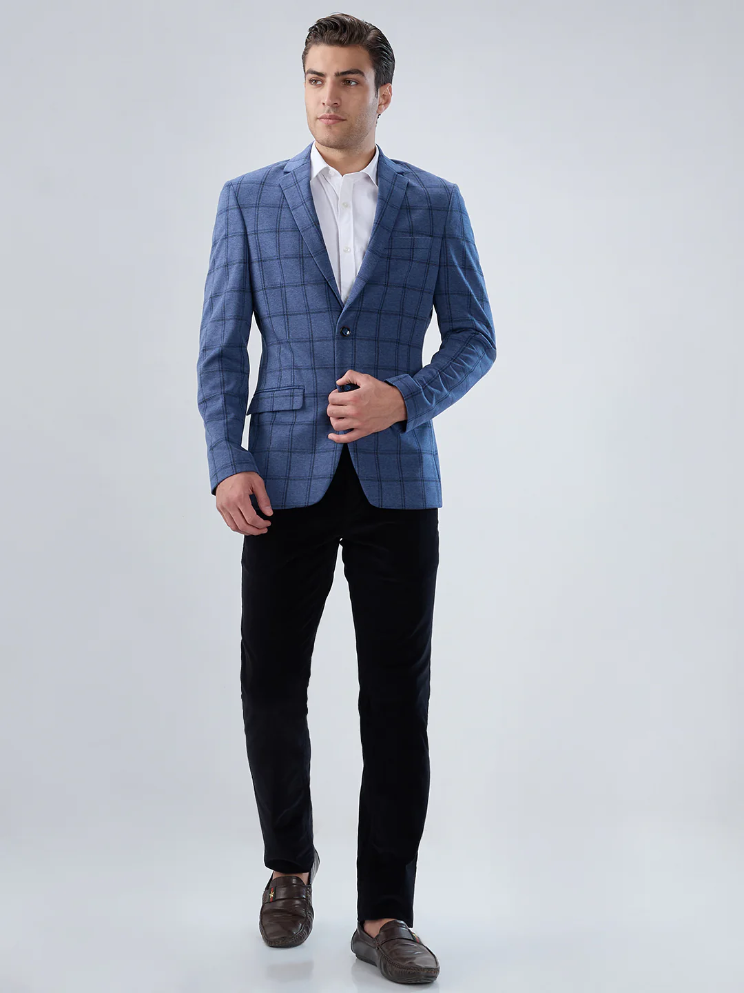 Park Avenue Men Blue Checks Super Slim Fit Terylene Blend Blazer - Image 5