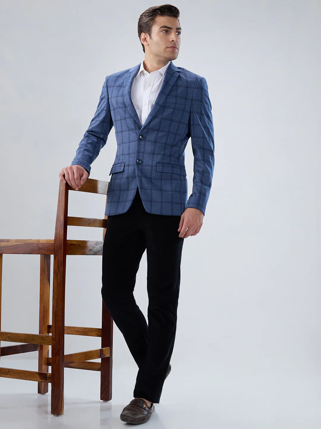 Park Avenue Men Blue Checks Super Slim Fit Terylene Blend Blazer - Image 7