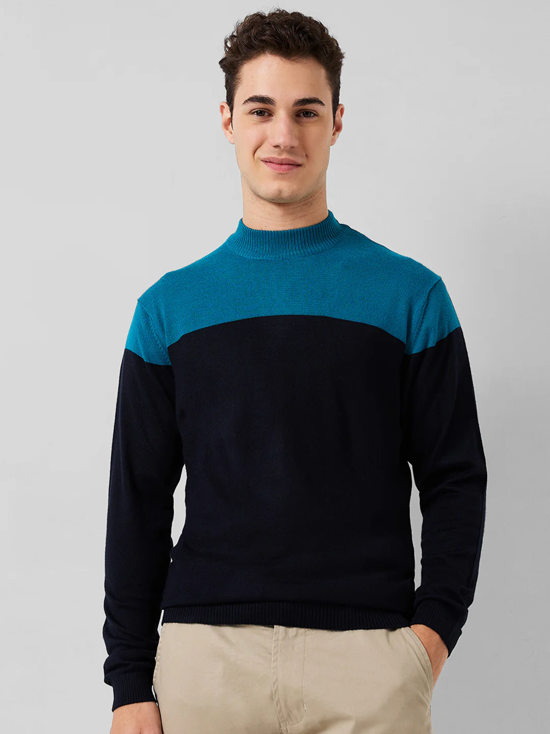 Park Avenue Men Blue Colorblock Regular Fit Acrylic Blend Sweaters