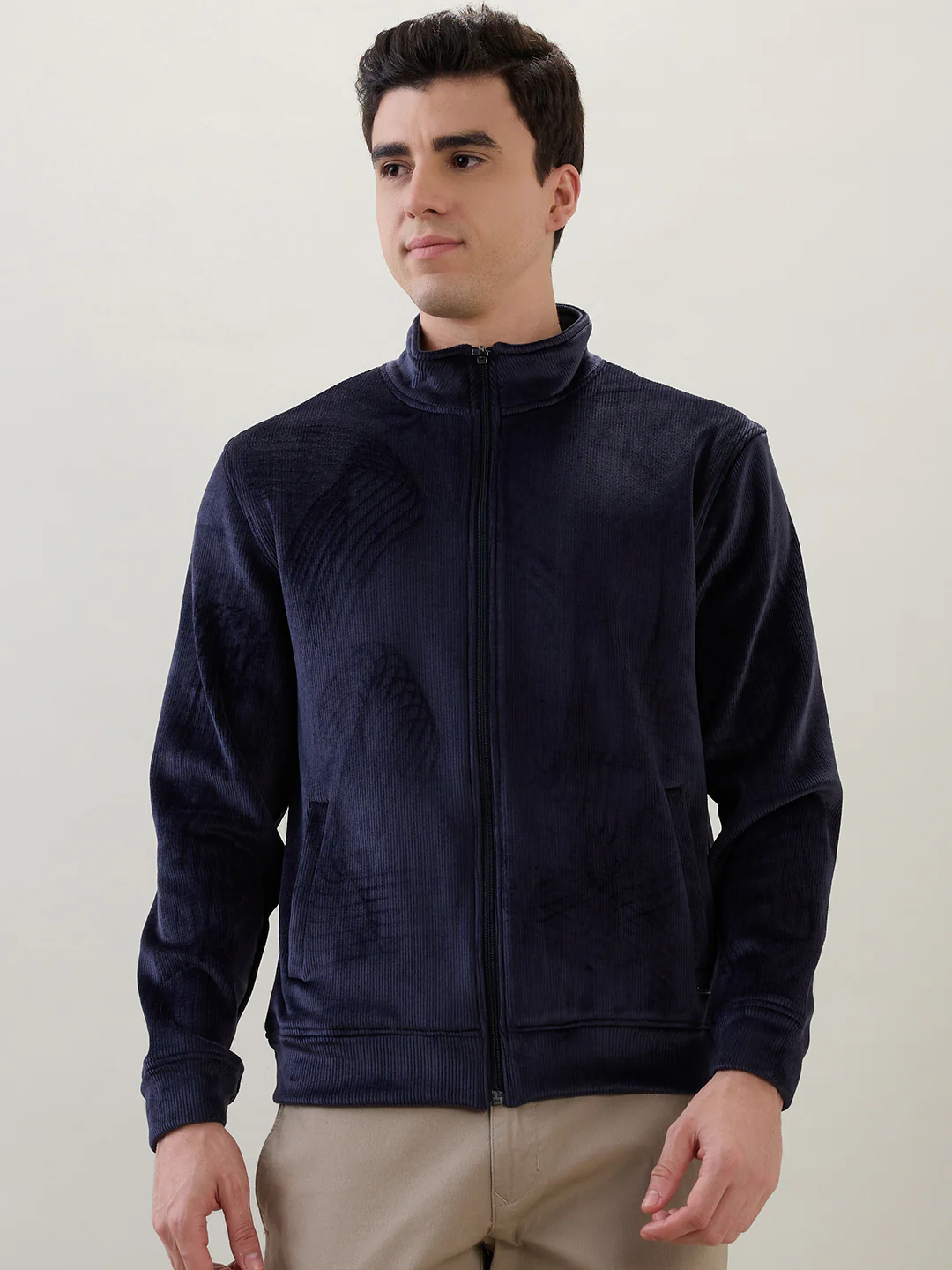 Park Avenue Men Blue Corduroy Slim Fit Polyester Blend Sweatshirt