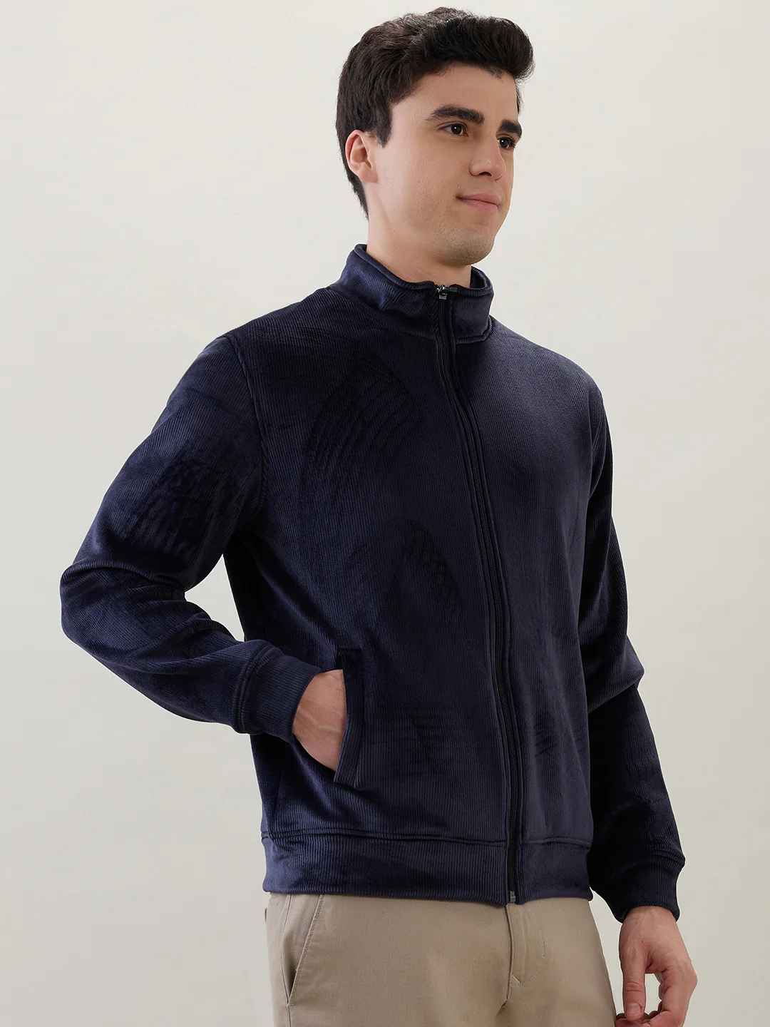 Park Avenue Men Blue Corduroy Slim Fit Polyester Blend Sweatshirt - Image 2
