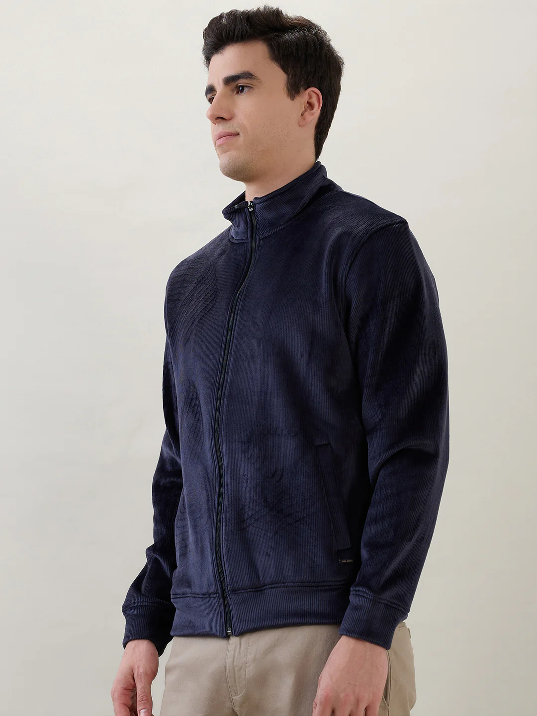 Park Avenue Men Blue Corduroy Slim Fit Polyester Blend Sweatshirt - Image 3