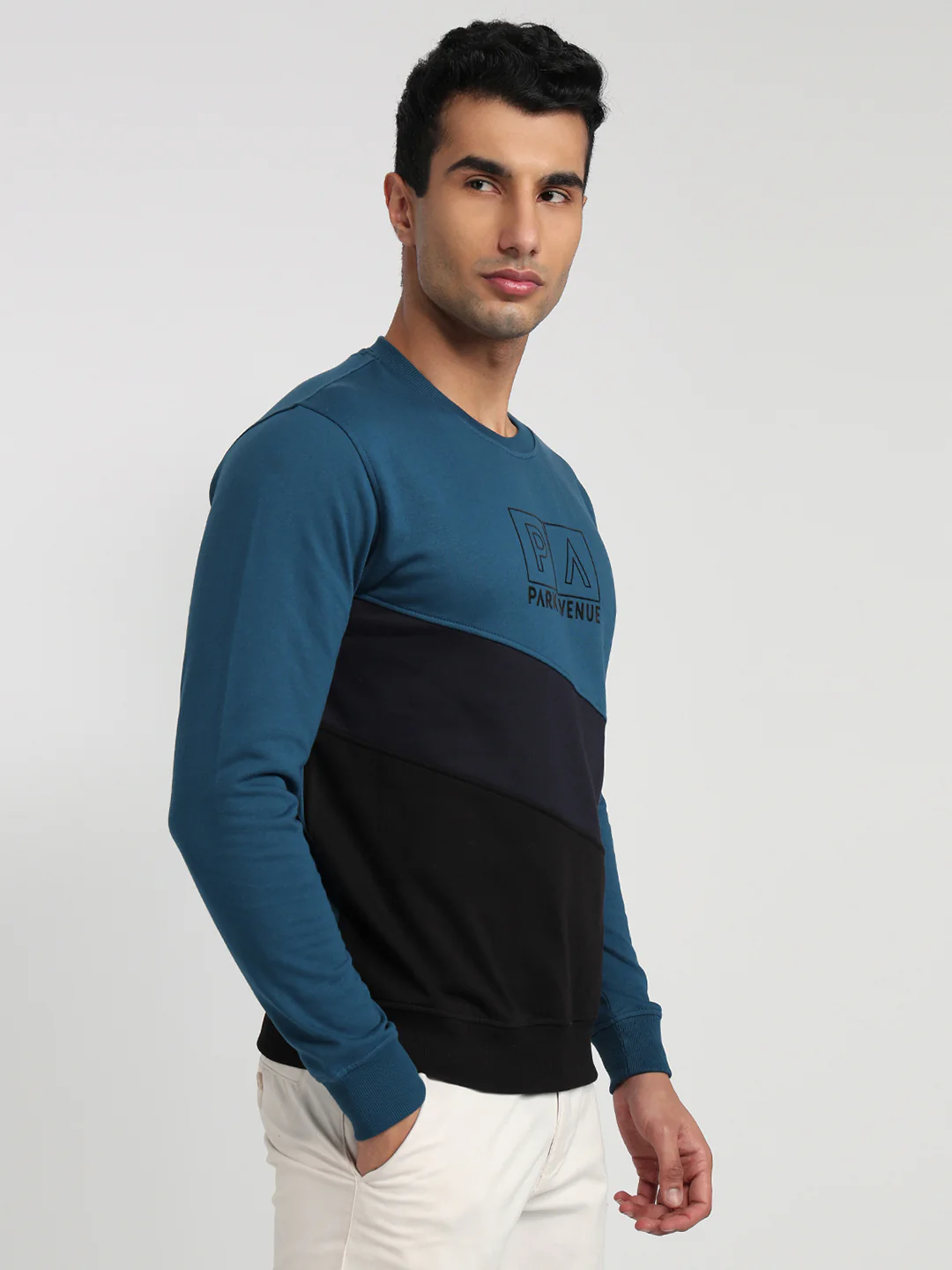 Park Avenue Men Blue Cut & Sew Slim Fit Cotton Blend Sweatshirt - Image 3