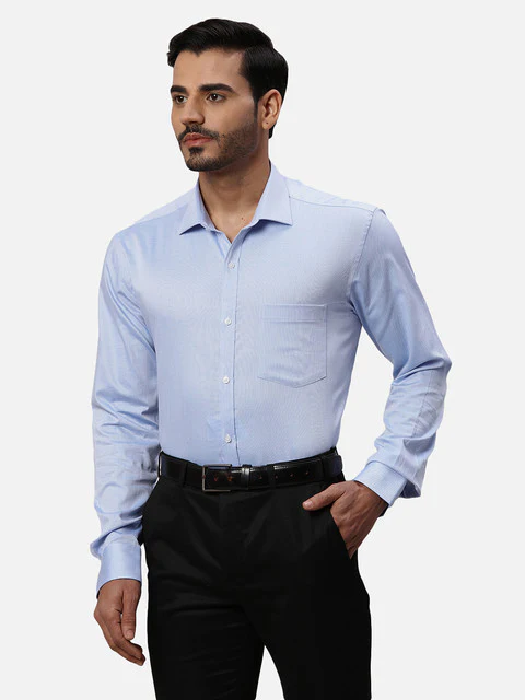 Park Avenue Men Blue Dobby Slim Fit Cotton Formal Shirts - Image 3