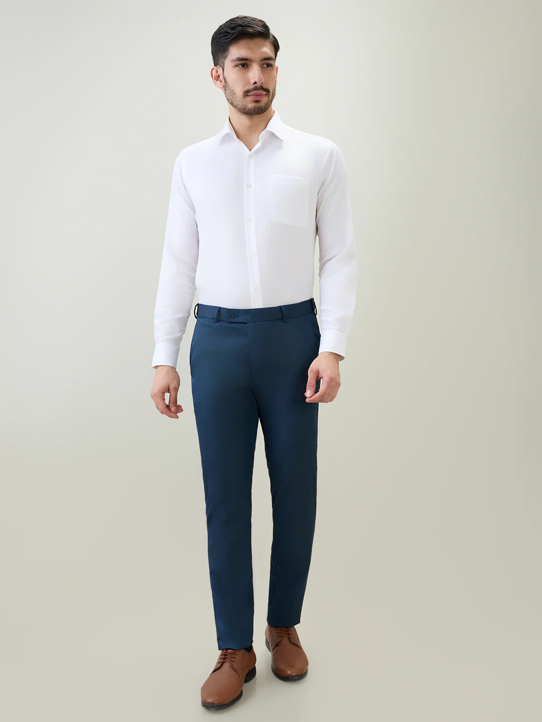 Park Avenue Men Blue Dobby Slim Fit Polyester Blend Trouser - Image 5