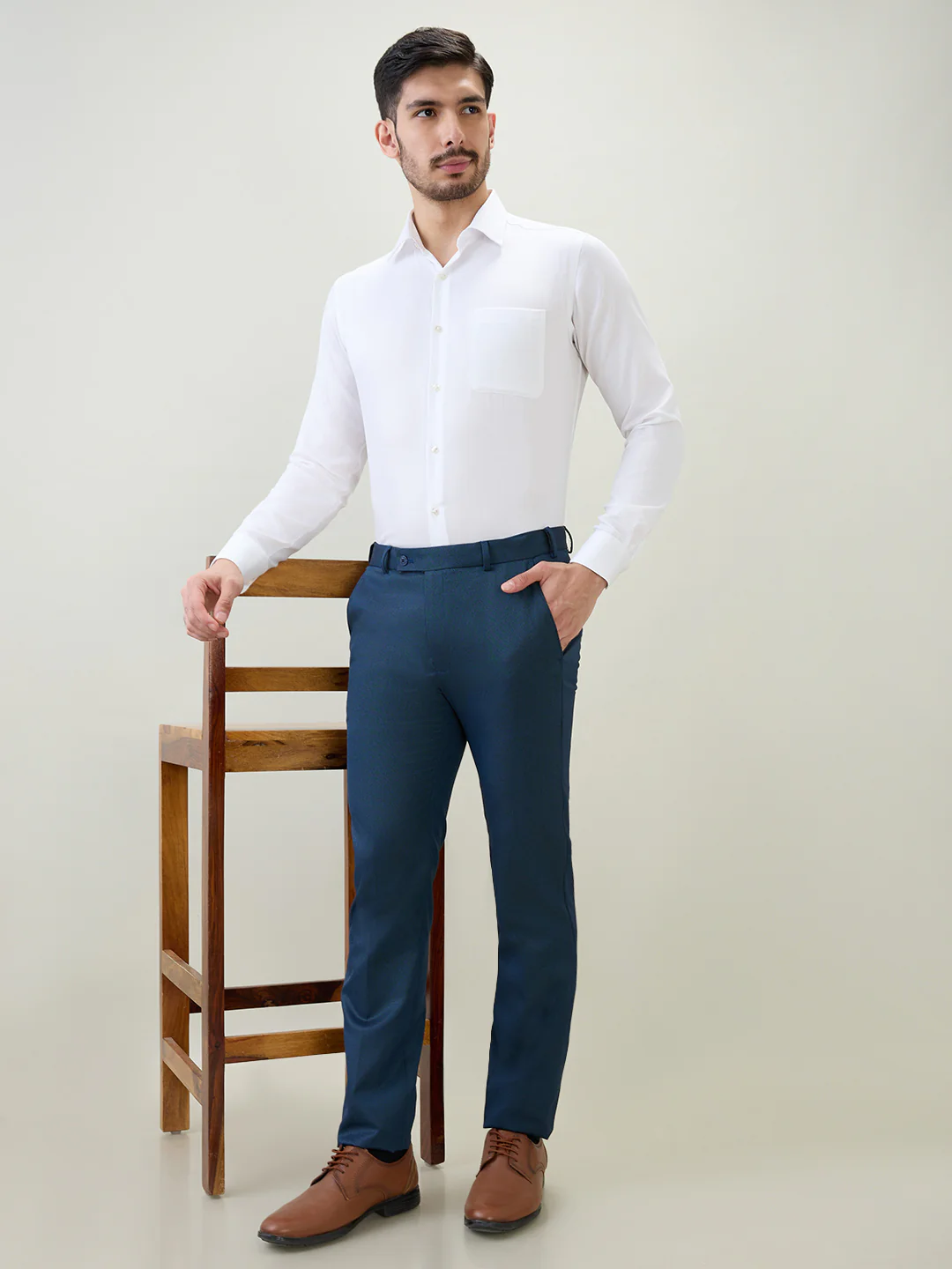 Park Avenue Men Blue Dobby Slim Fit Polyester Blend Trouser - Image 6
