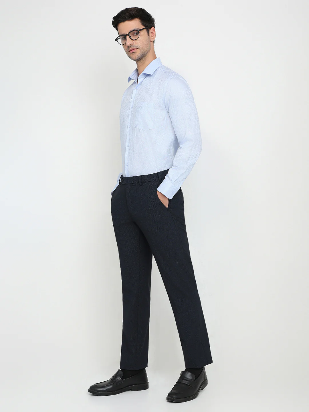 Park Avenue Men Blue Dobby Slim Fit Polyester Blend Trouser - Image 5