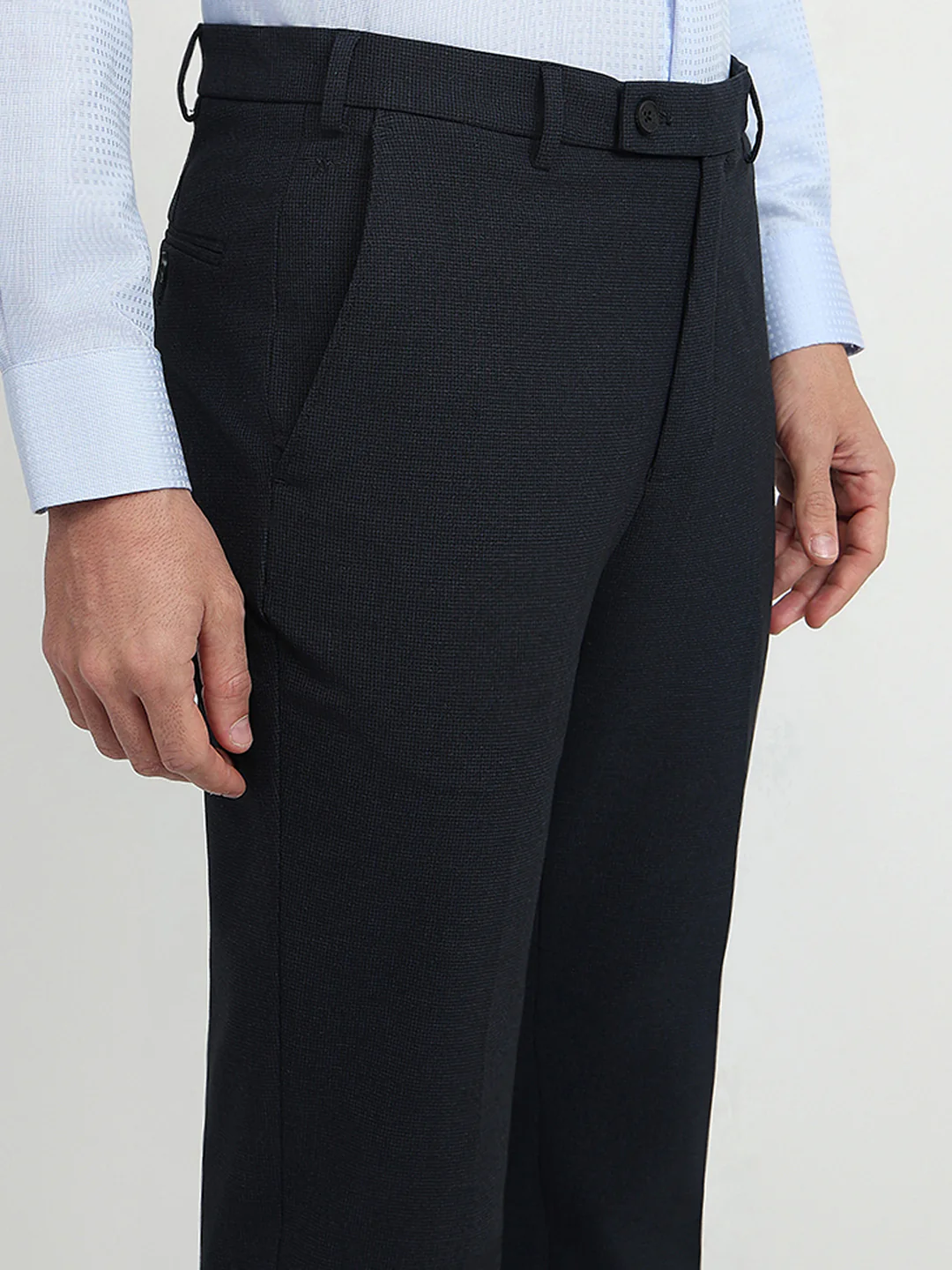 Park Avenue Men Blue Dobby Slim Fit Polyester Blend Trouser - Image 6