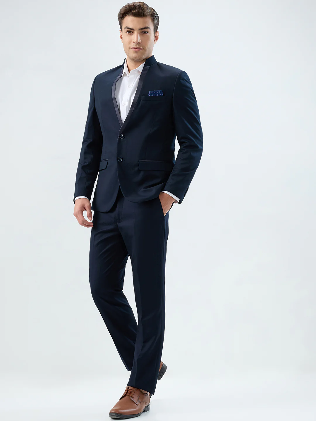 Park Avenue Men Blue Super Slim Fit Dobby Formal Suit - Image 3