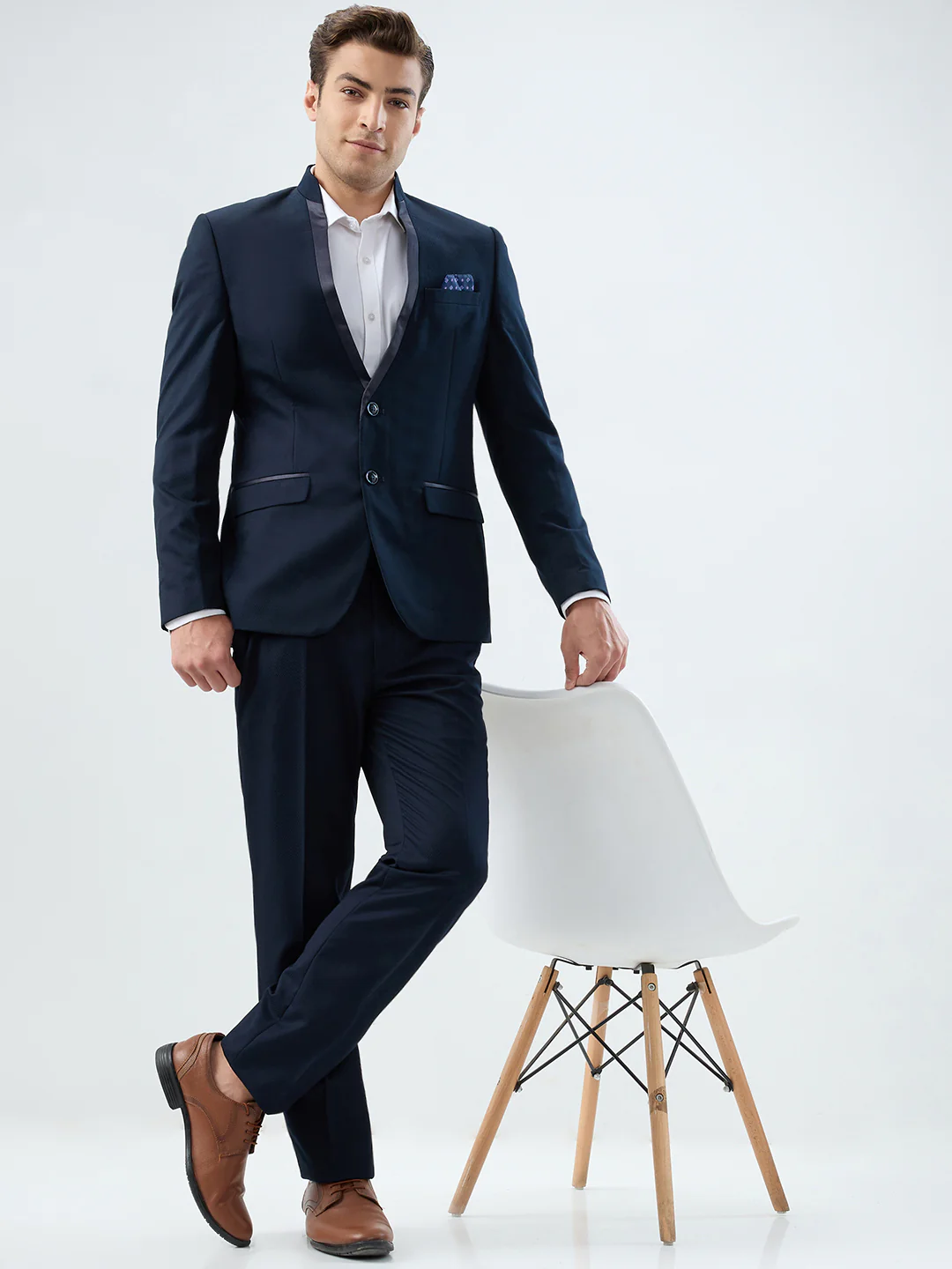 Park Avenue Men Blue Super Slim Fit Dobby Formal Suit - Image 5