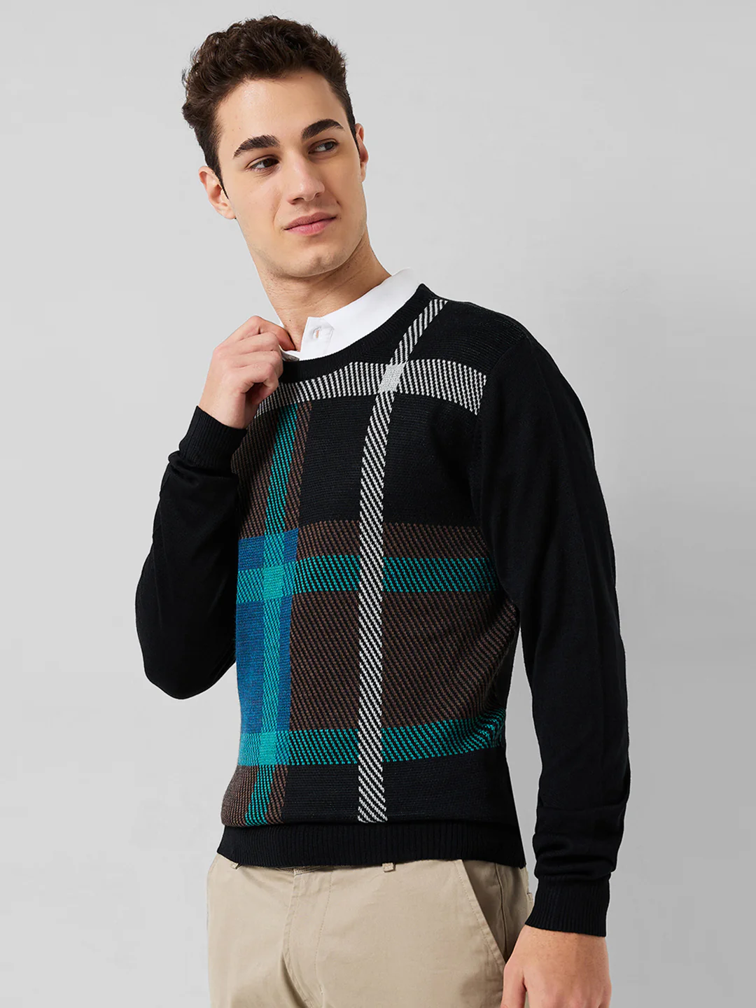 Park Avenue Men Blue Jacquard Regular Fit Acrylic Blend Sweaters - Image 2