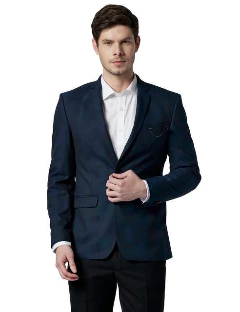 Park Avenue Men Blue Jacquard Super Slim Fit Polyester Blend Blazer