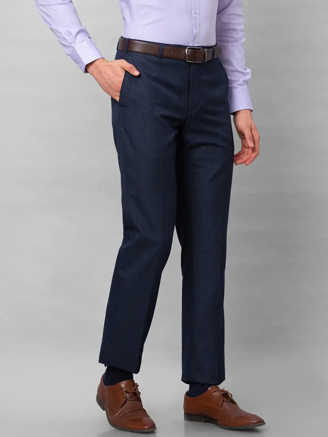 Park Avenue Men Blue Plain Smart Fit Polyester Blend Trousers - Image 2