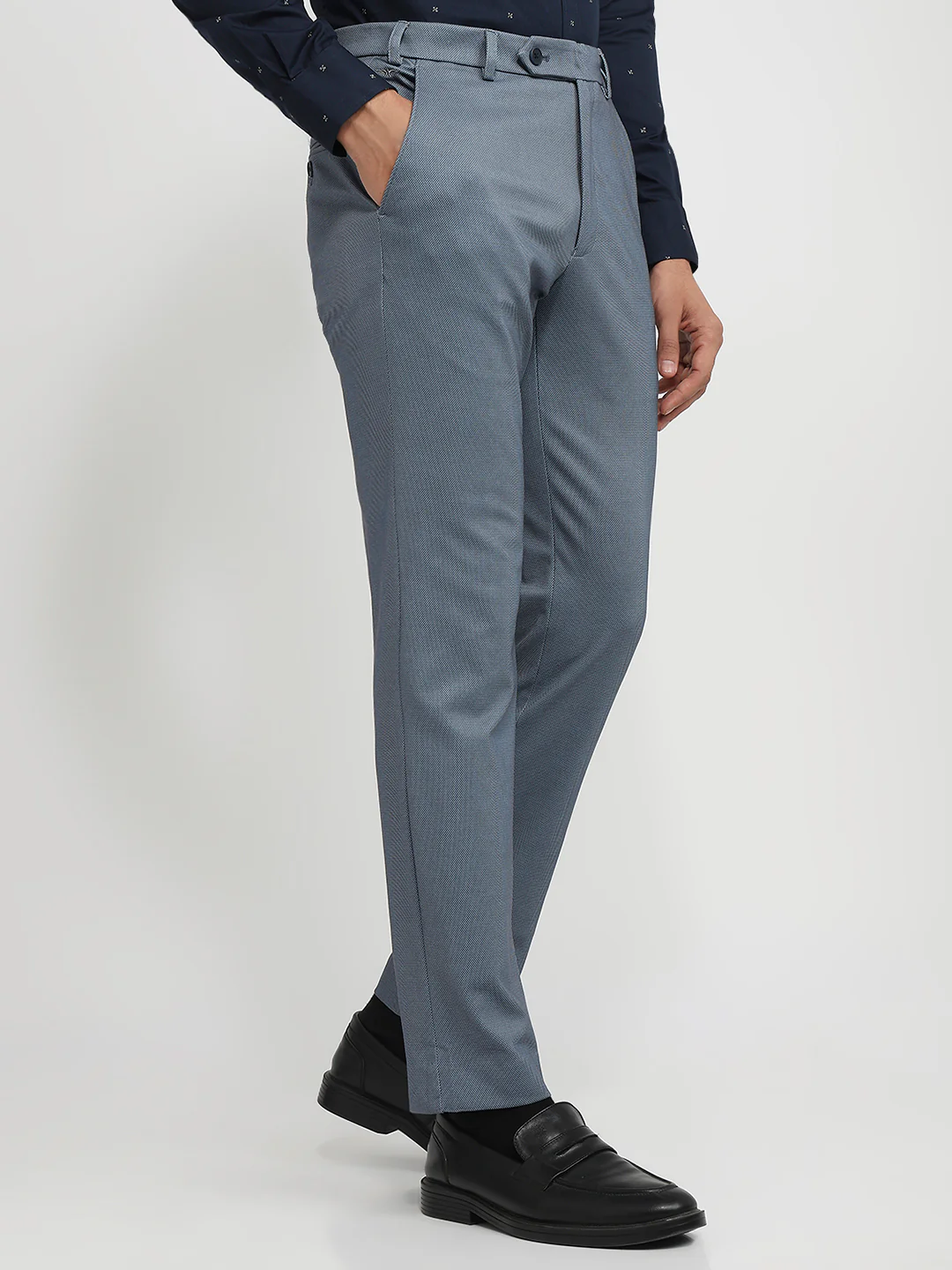 Park Avenue Men Blue Plain Super Slim Fit Terry Blend Trouser - Image 3
