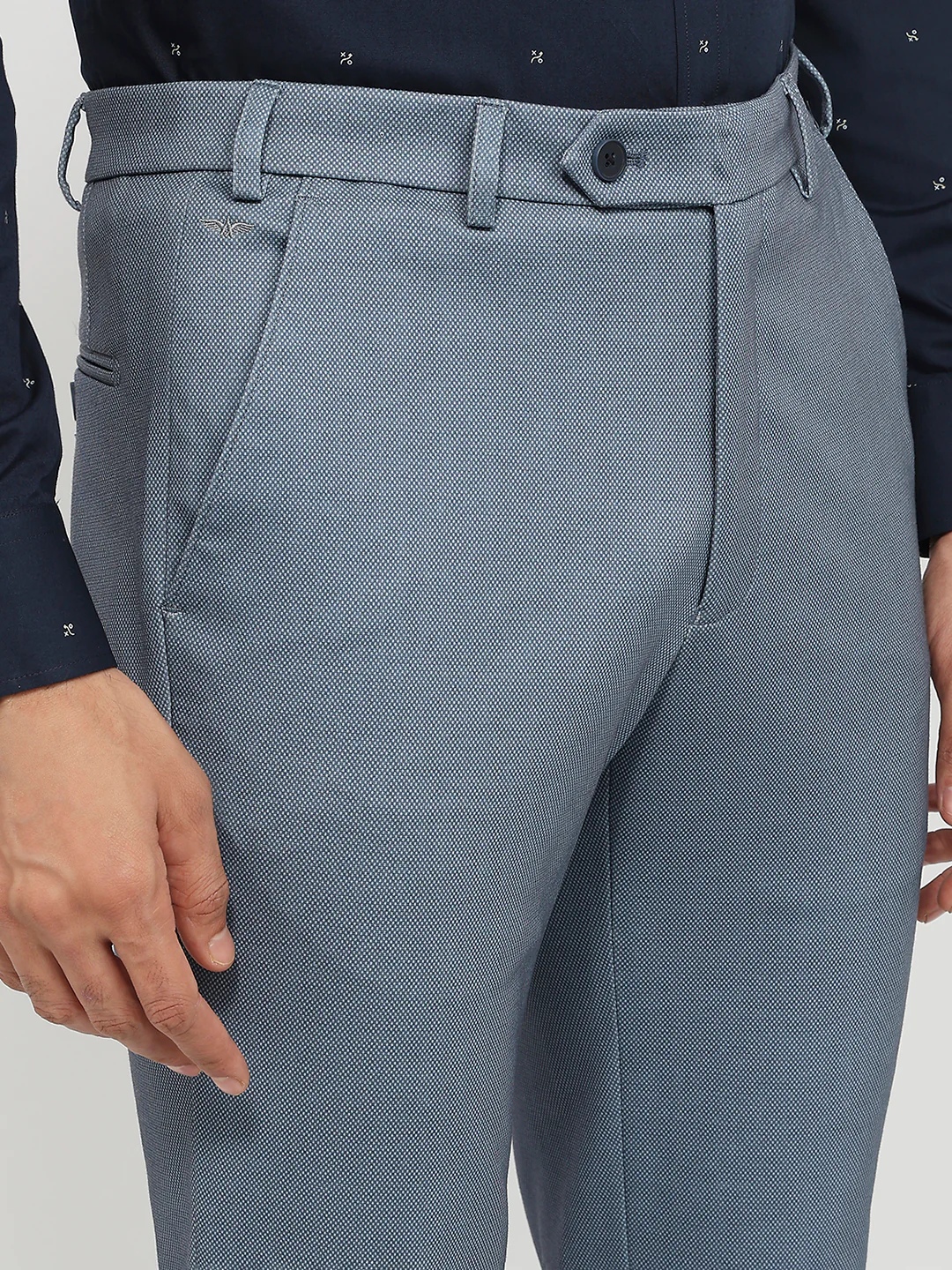 Park Avenue Men Blue Plain Super Slim Fit Terry Blend Trouser - Image 6