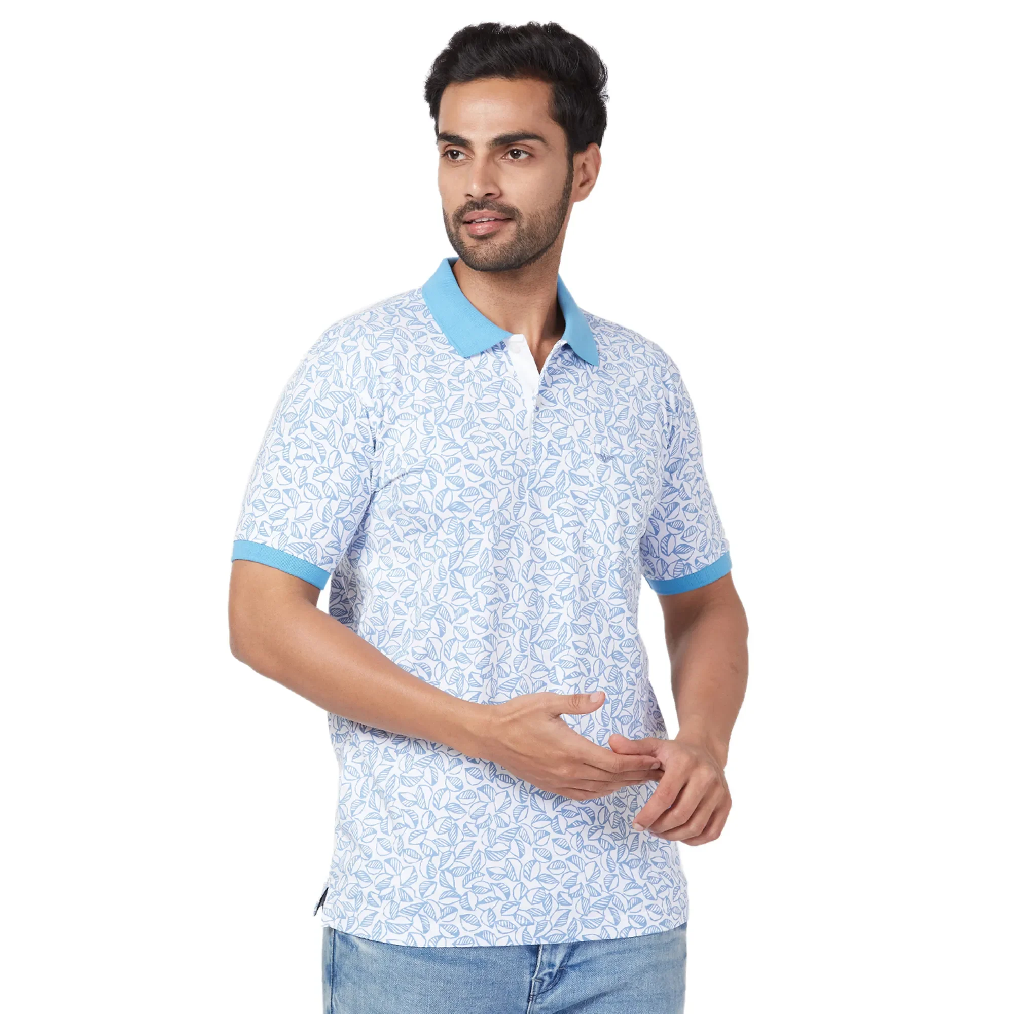 Park Avenue Men Blue Print Slim Fit Cotton Blend T-Shirt - Image 2