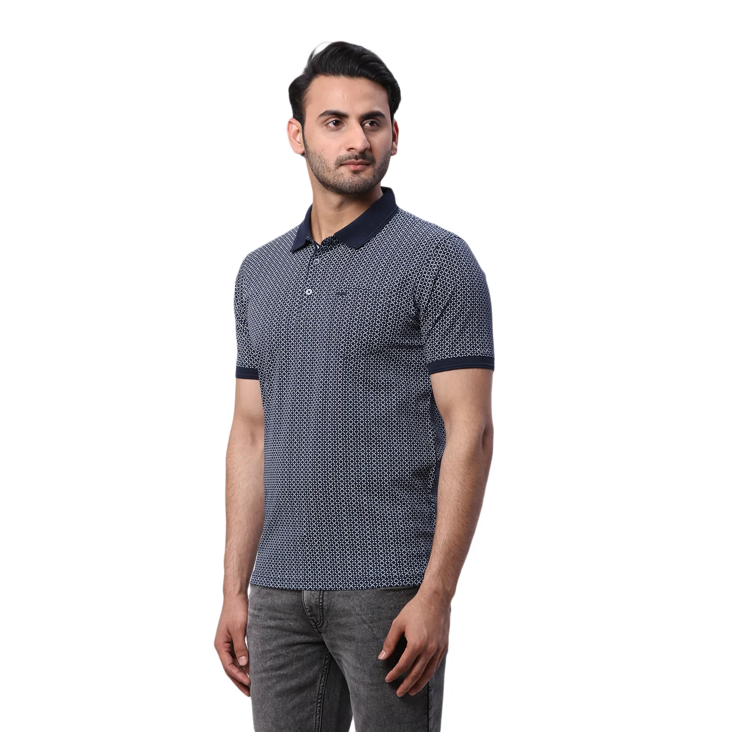 Park Avenue Men Blue Print Slim Fit Cotton Round Neck T-Shirt - Image 3