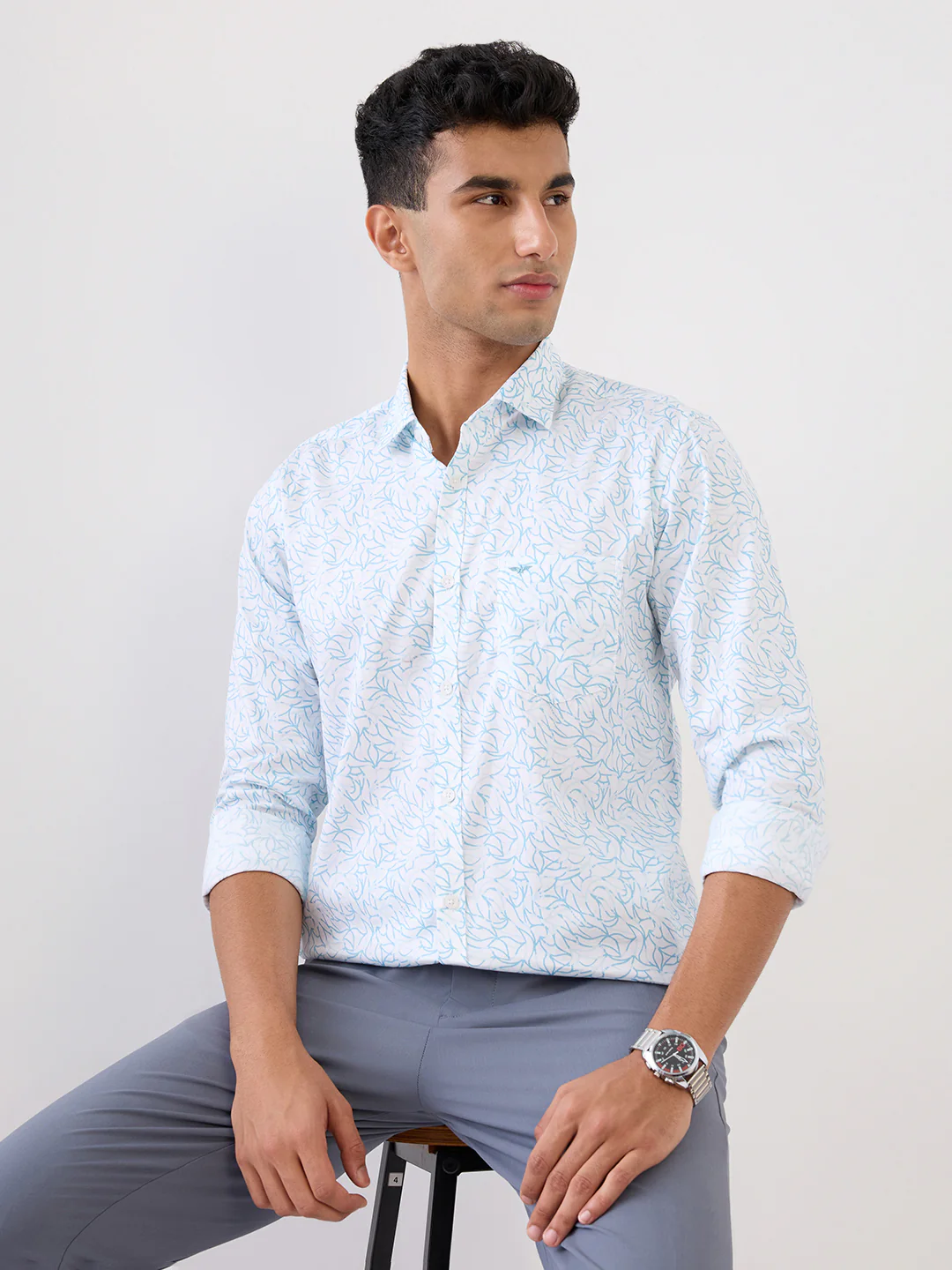 Park Avenue Men Blue Printed Slim Fit Cotton Blend Casual Shirt - Image 6