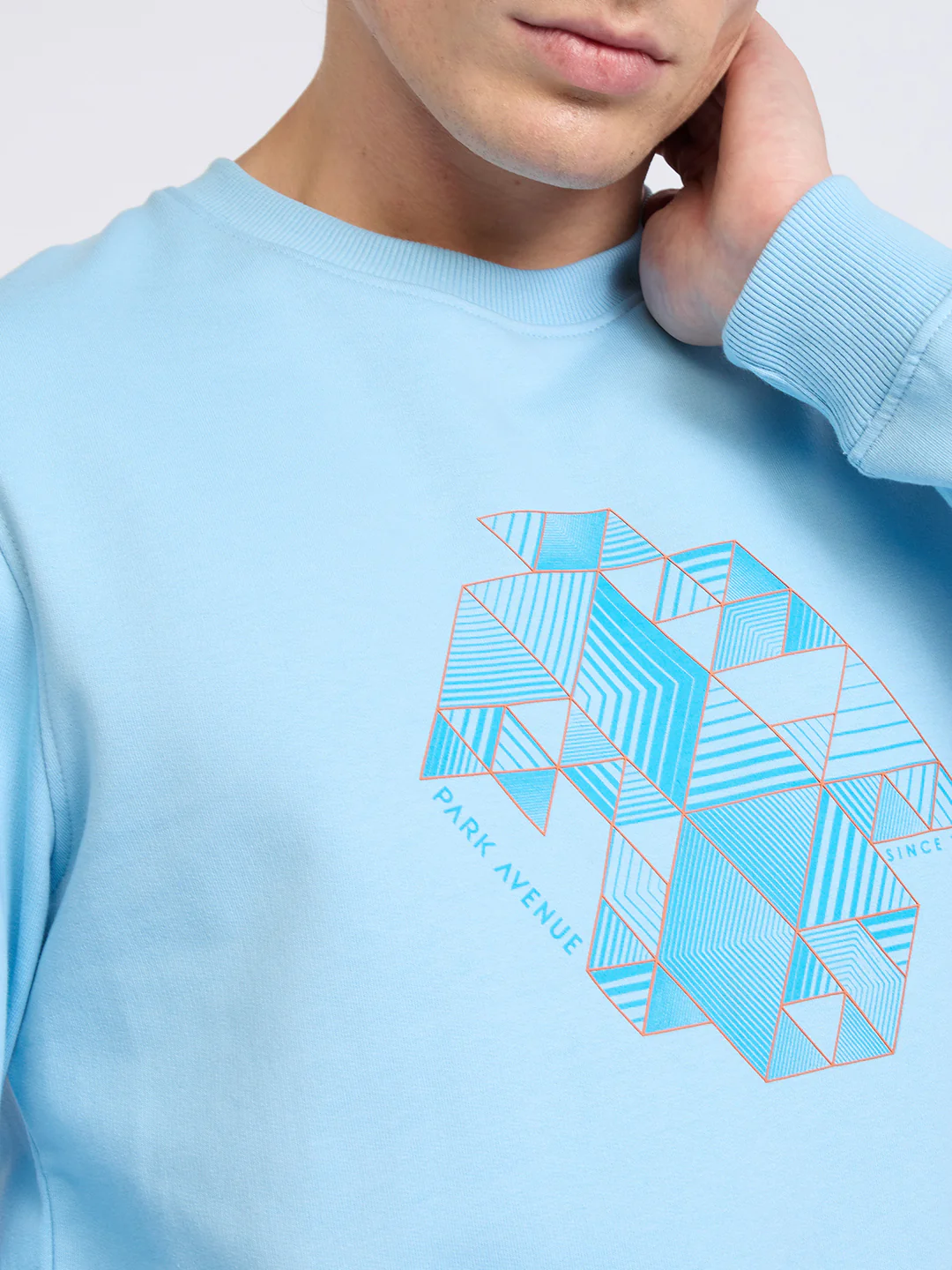Park Avenue Men Blue Printed Slim Fit Cotton Blend Round Neck Collar Sweatshirt - Image 6