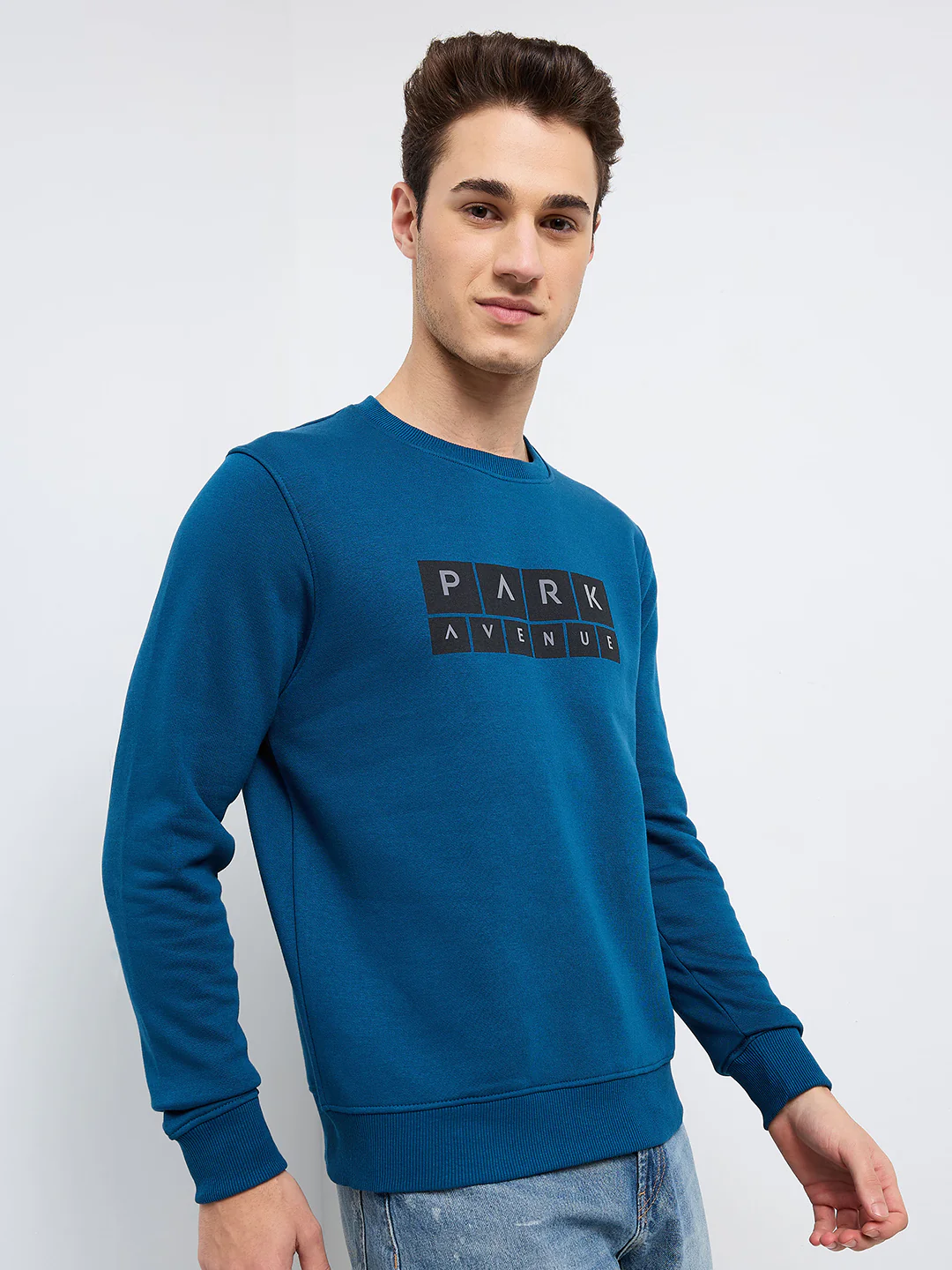 Park Avenue Men Blue Printed Slim Fit Cotton Blend Round Neck Collar Sweatshirt - Image 2