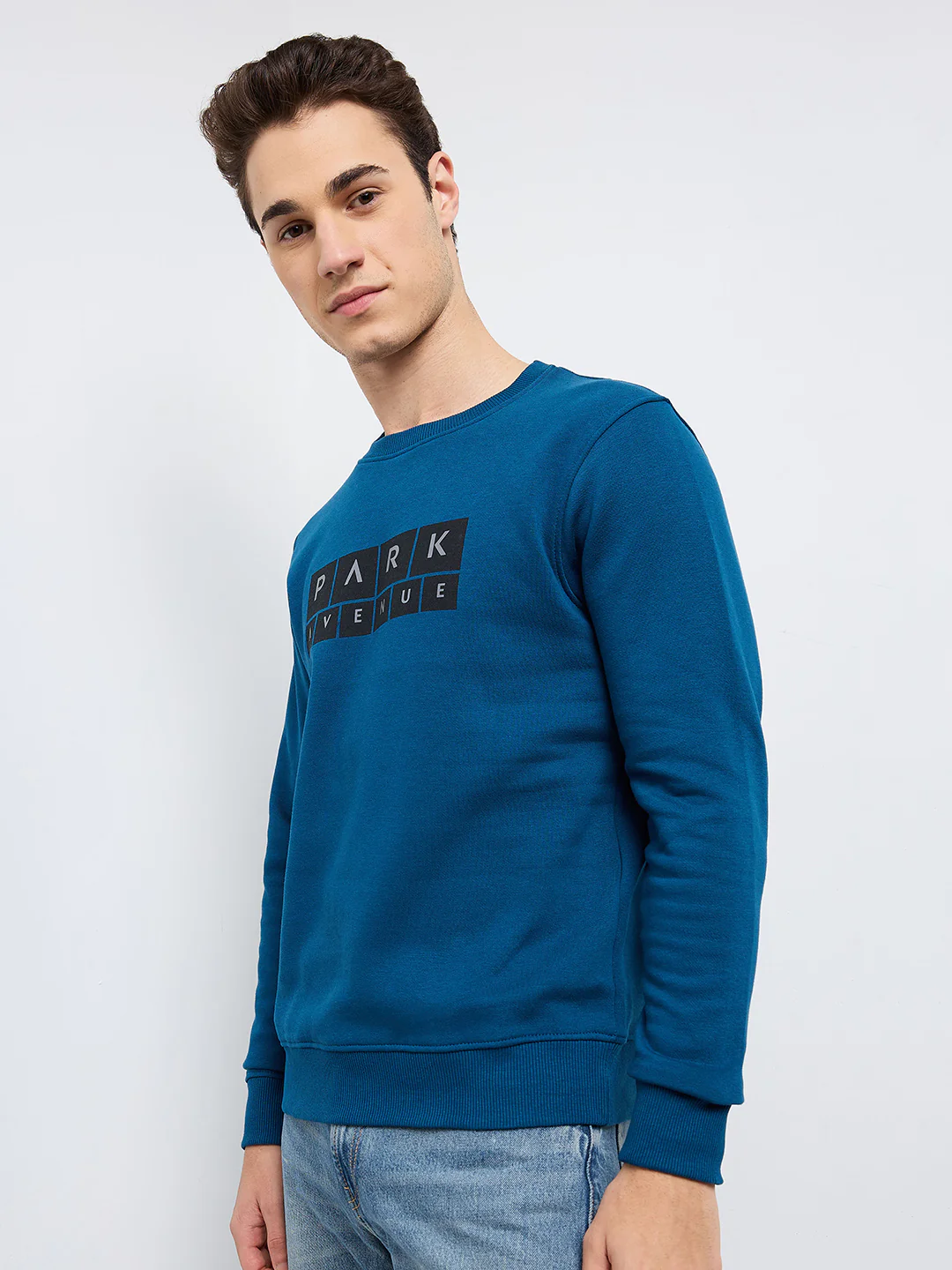 Park Avenue Men Blue Printed Slim Fit Cotton Blend Round Neck Collar Sweatshirt - Image 3
