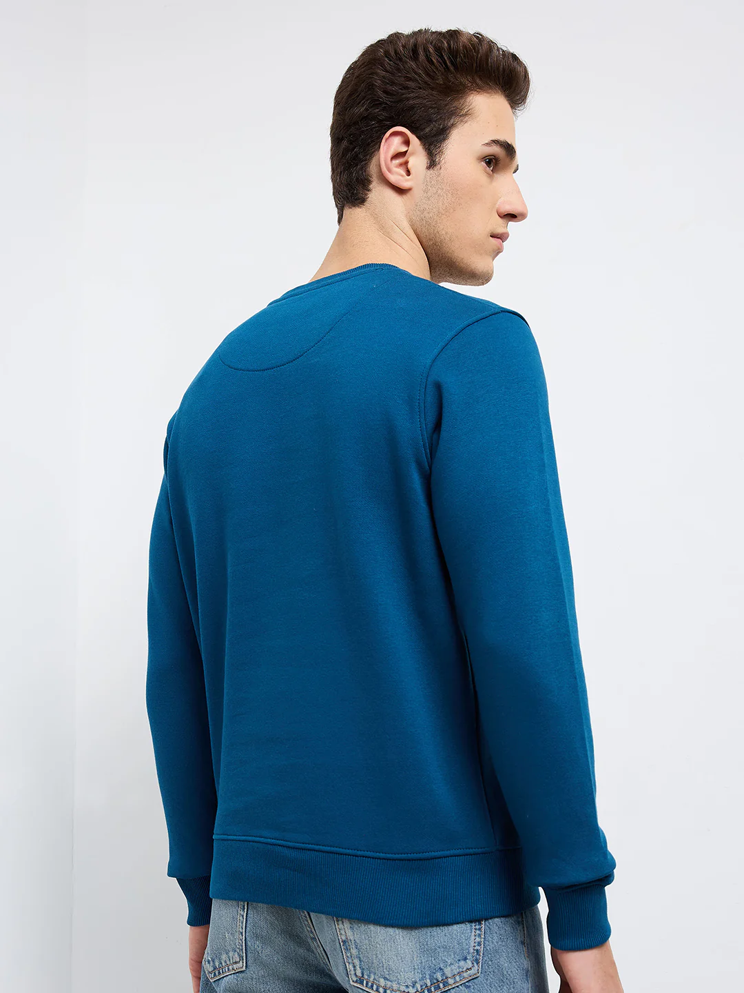 Park Avenue Men Blue Printed Slim Fit Cotton Blend Round Neck Collar Sweatshirt - Image 4
