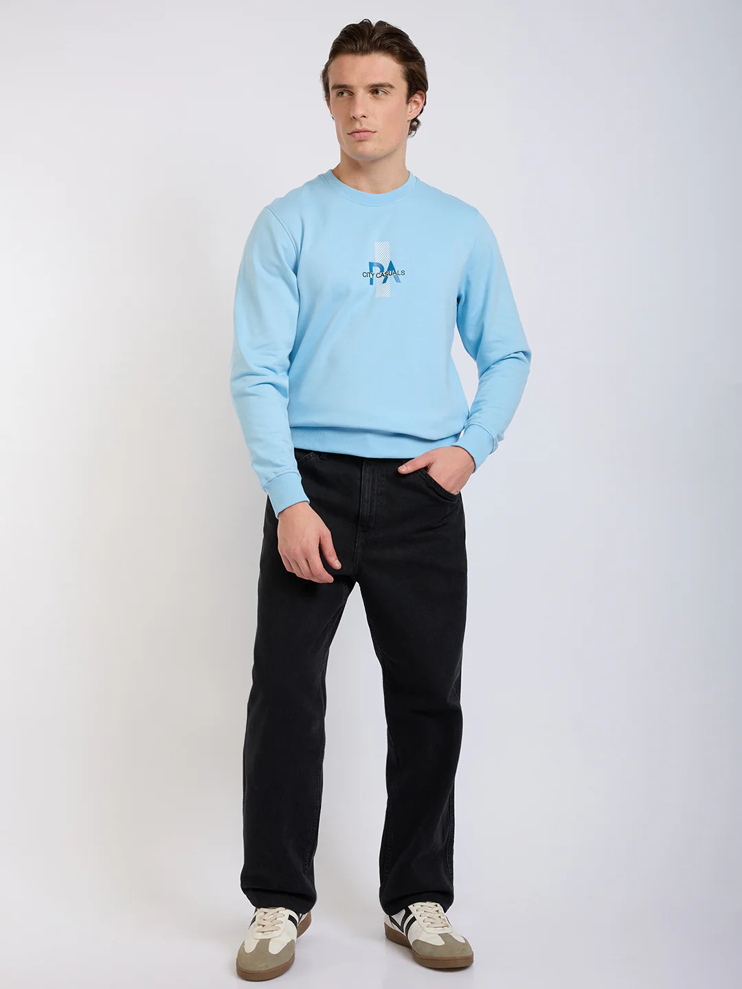 Park Avenue Men Blue Printed Slim Fit Cotton Blend Round Neck Collar Sweatshirt - Image 5