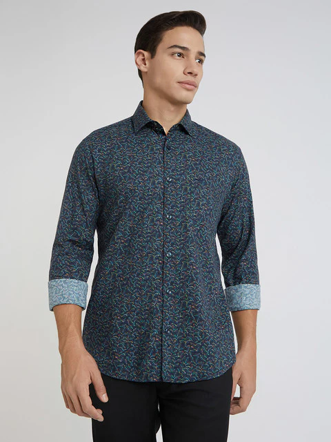 Park Avenue Men Blue Printed Slim Fit Cotton Blend Shirt