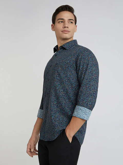 Park Avenue Men Blue Printed Slim Fit Cotton Blend Shirt - Image 3