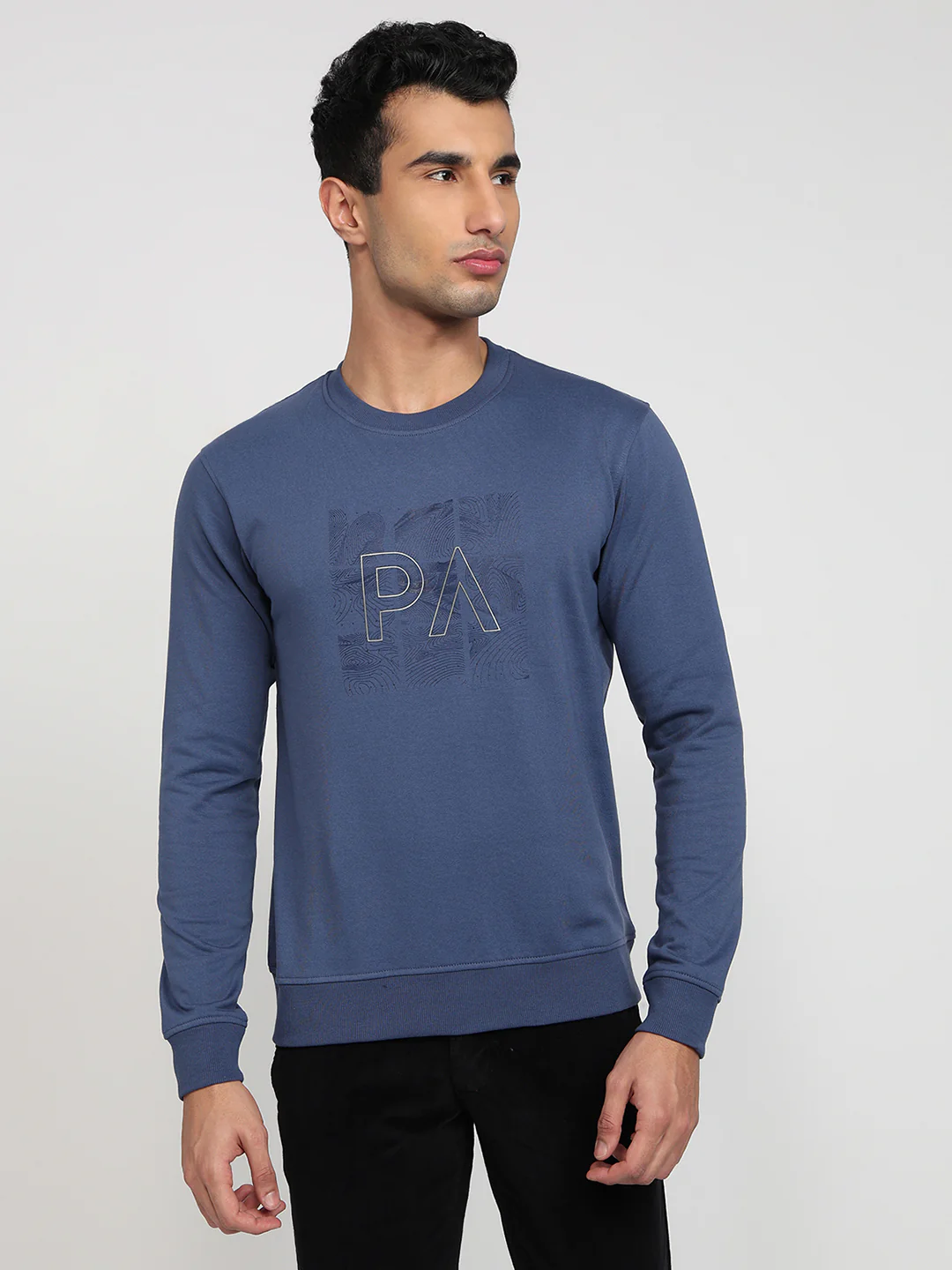 Park Avenue Men Blue Printed Slim Fit Cotton Blend Sweatshirt
